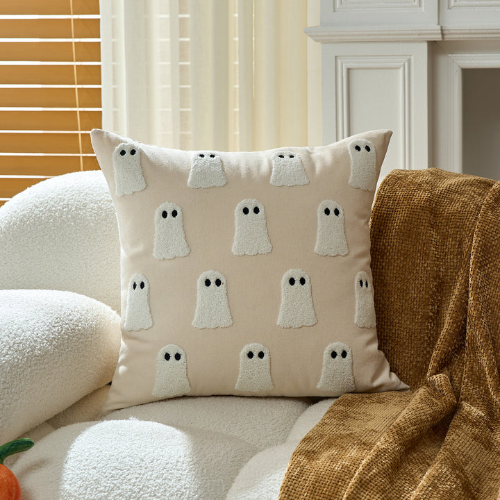 Tufted Ghost Appliqué Cotton-Linen Square Decorative Throw Pillow Cover