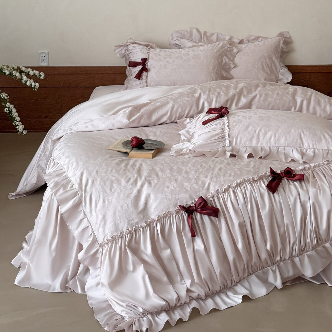 Satin bedding set with jacquard butterfly pattern, ruffle and decorative bows