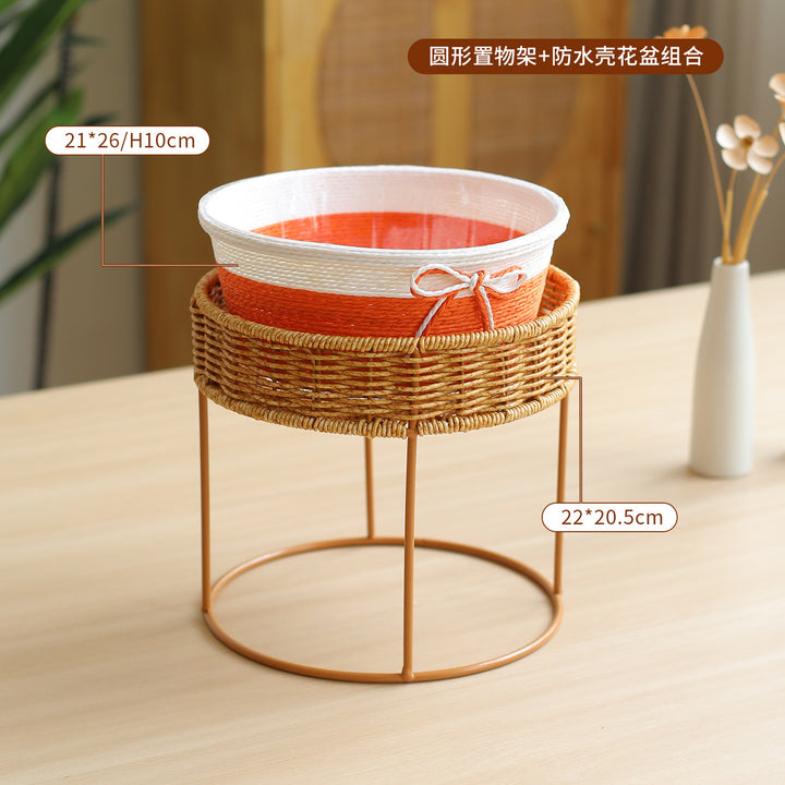 Unisex Modern Plant Stand with Woven Basket and Metal Frame Stornfield