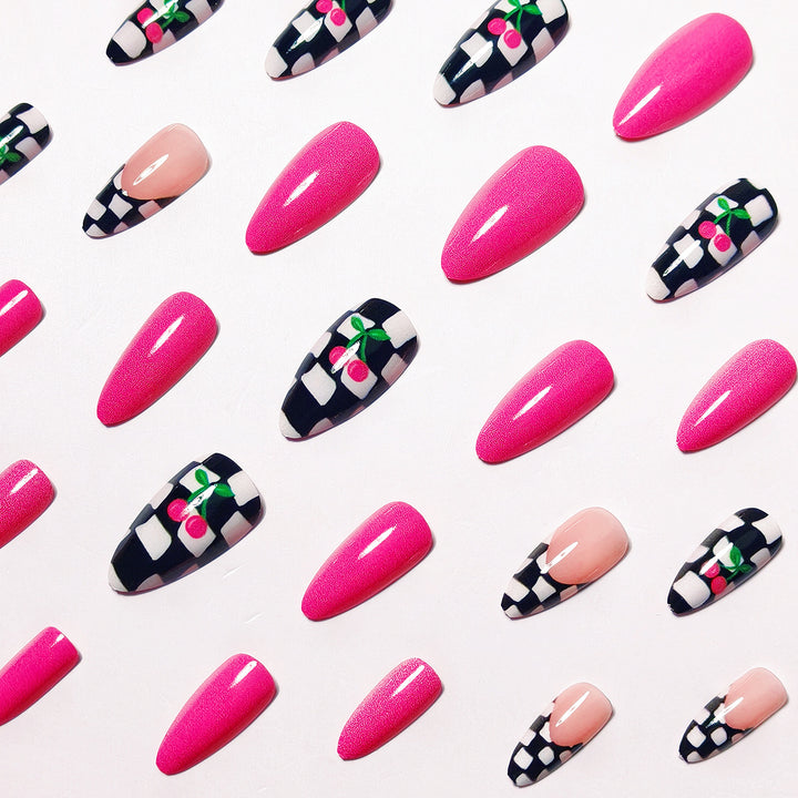 Creative artificial nails with playful cherry and checkerboard design Stornfield