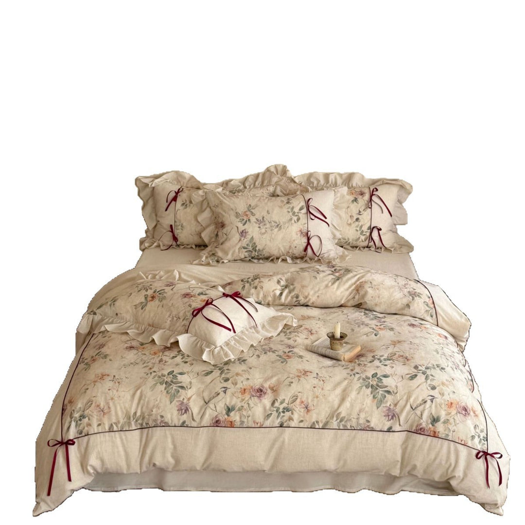 Romantic Floral Cotton-Linen Duvet Cover Set with Ruffled Shams & Ribbon Ties
