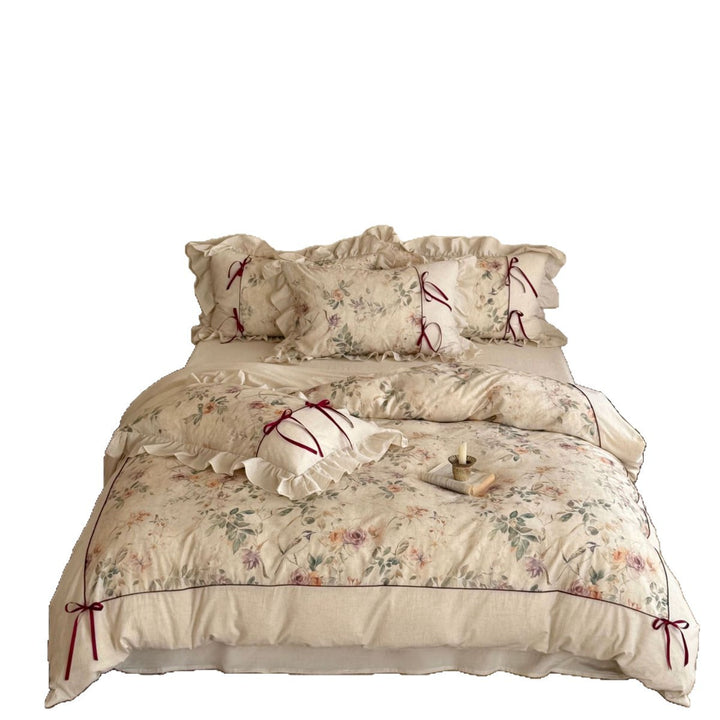 Romantic Floral Cotton-Linen Duvet Cover Set with Ruffled Shams & Ribbon Ties