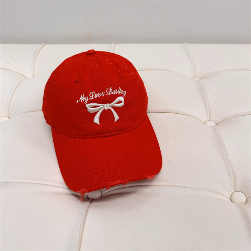 Women's Distressed Cotton Baseball Cap with Bow Embroidery Stornfield