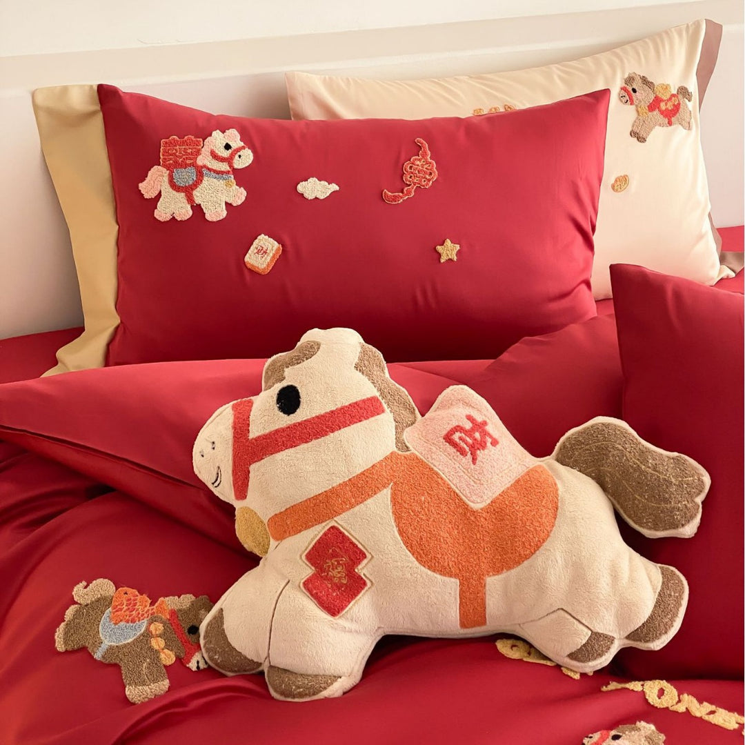 Embroidered Cotton Sateen Duvet Cover Set with Appliqué Horse Motifs and Reversible Border