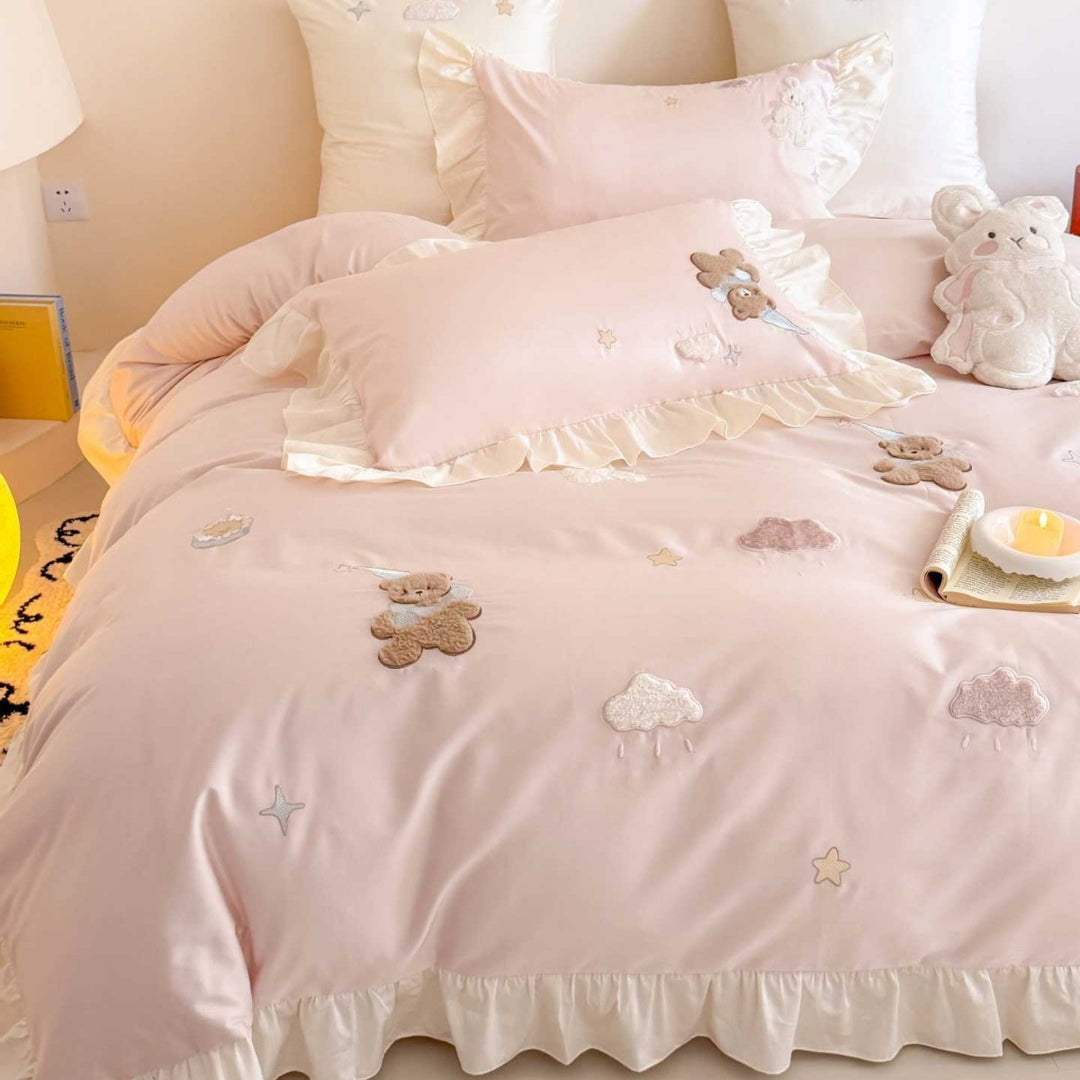 Ruffled Embroidered Teddy and Cloud Cotton Sateen Duvet Cover Set