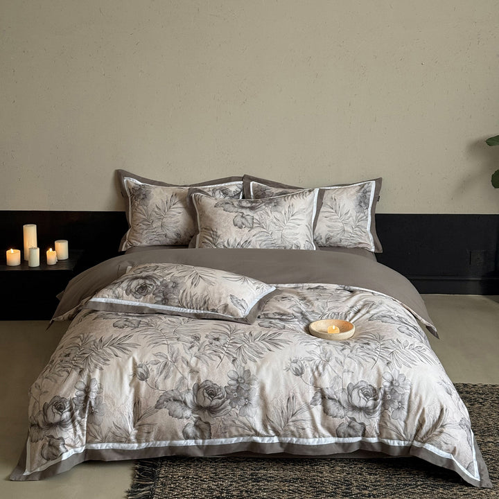 Botanical Watercolor Reversible Duvet Cover Set with Contrast Piped Shams