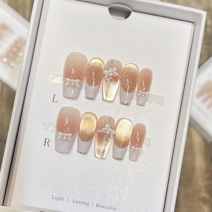 Elegant Reusable Press-On Nail Art Set with Pearl and Glitter Accents Stornfield