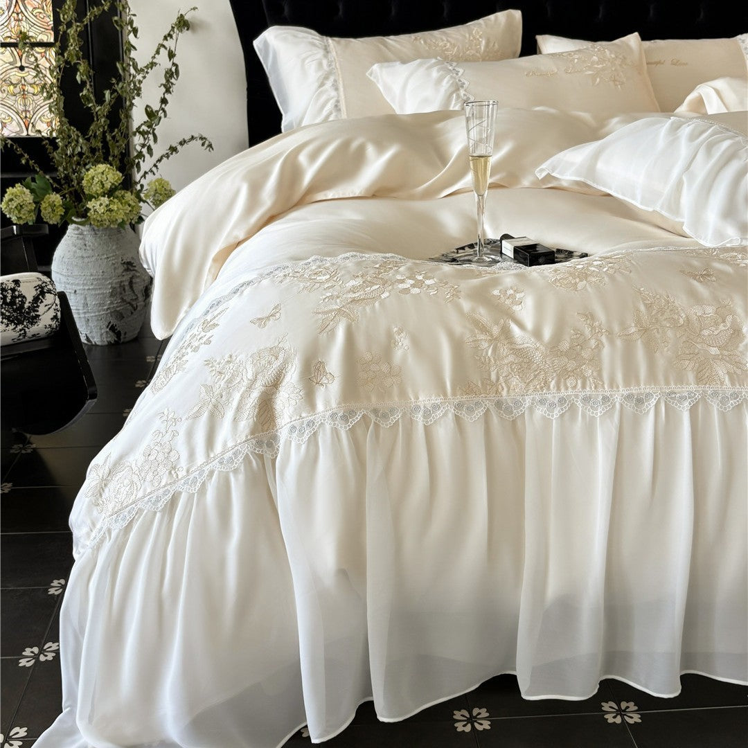 Embroidered Satin-Blend Duvet Cover Set with Layered Ruffled Bedskirt and Lace-Trim