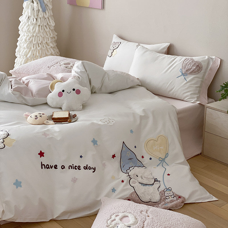 Embroidered Cotton Duvet Cover and Pillowcase Set