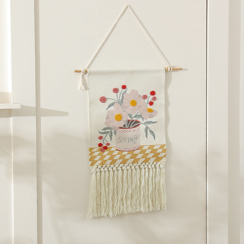 Boho Wall Hanging with Woven Flower Tufting and Macrame Fringes