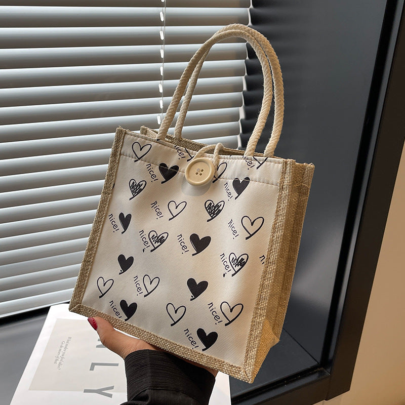 Heart-Patterned Canvas Shopping Tote