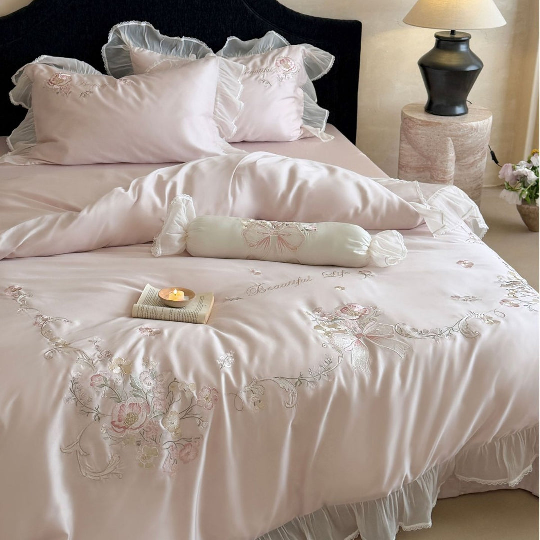 Luxurious Embroidered Satin Duvet Cover Set with Ruffled Chiffon Trim