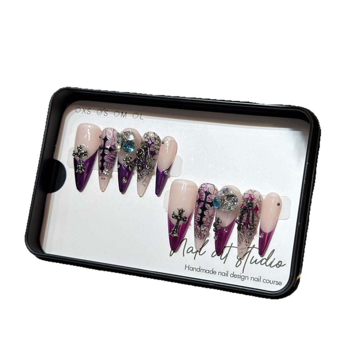 Artistic Stiletto Press-On Nail Set with Unique Floral and Gemstone Accents Stornfield
