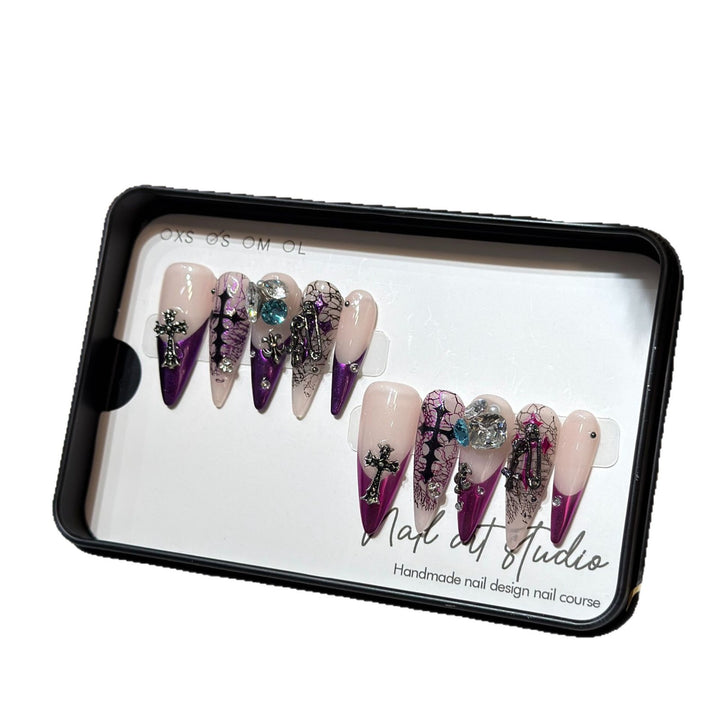 Artistic Stiletto Press-On Nail Set with Unique Floral and Gemstone Accents Stornfield