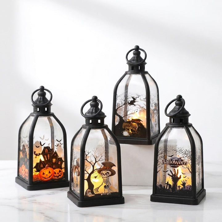 Halloween-Decorative lantern with LED imitation candle and skeleton glass inserts antique look