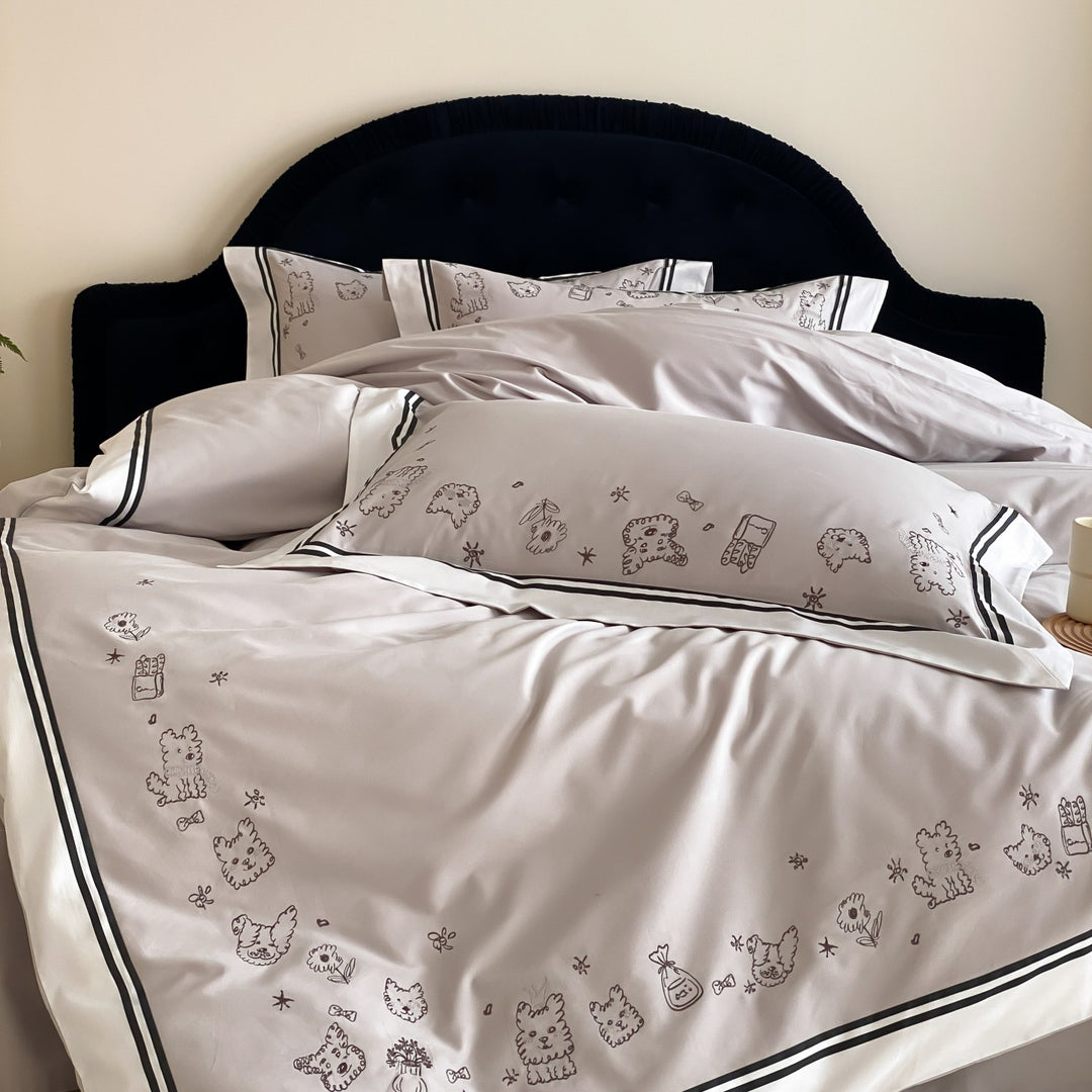 Cotton satin bed linen set with cute dog sketch embroidery and contrast piping