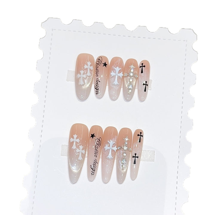 Artificial nail tips with cross and glitter motifs Stornfield