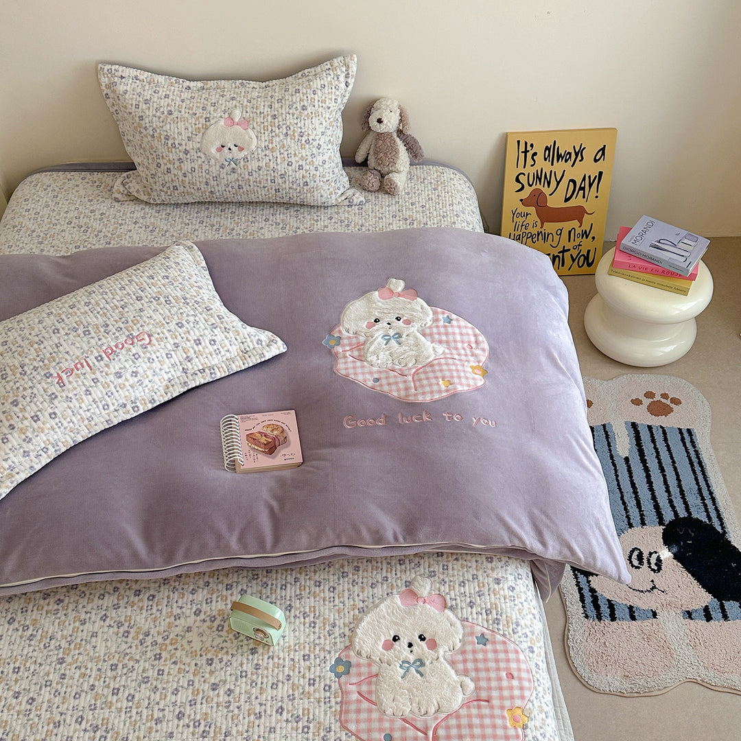 Quilted Cotton Bedspread Set with Dimensional Cat Appliqué & Pillow Shams