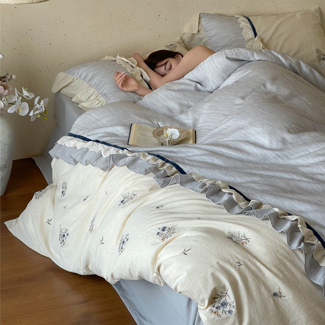 Floral Embroidered Ruffled Duvet Cover Set with Decorative Bolster Pillow