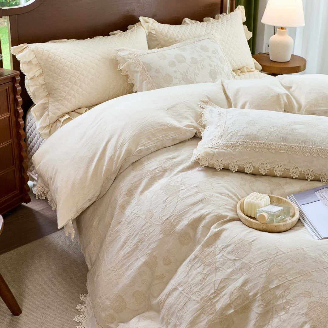 Cottage-Style Embroidered Cotton Duvet Cover Set with Crochet Lace Trim & Ruffle Bedskirt