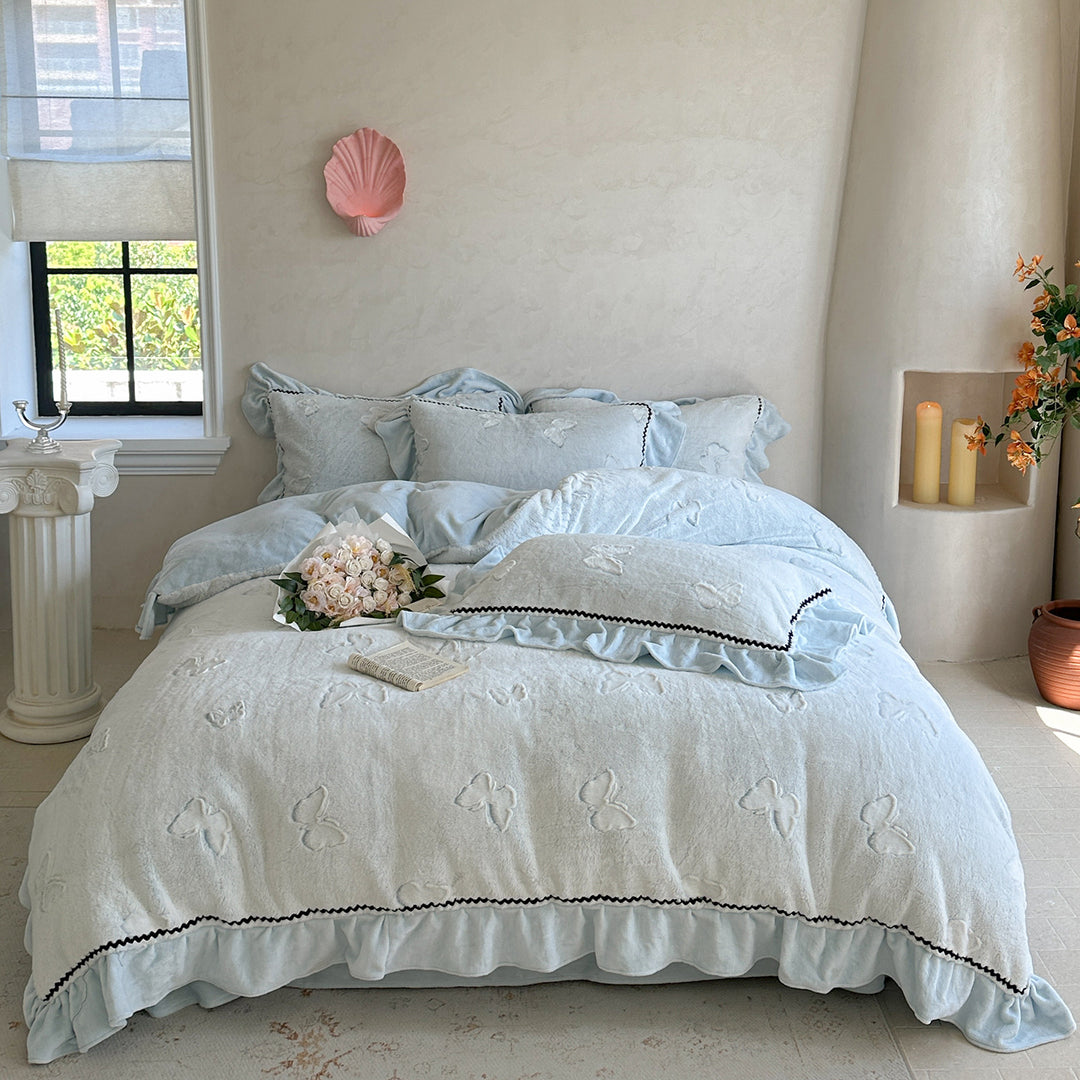 Embroidered Butterfly Ruffled Linen-Blend Duvet Cover Set with Decorative Pillow Shams