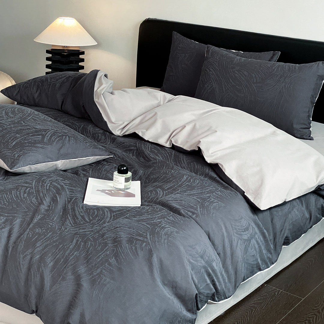 Jacquard bedding set made of cotton satin with floral relief and hotel closure