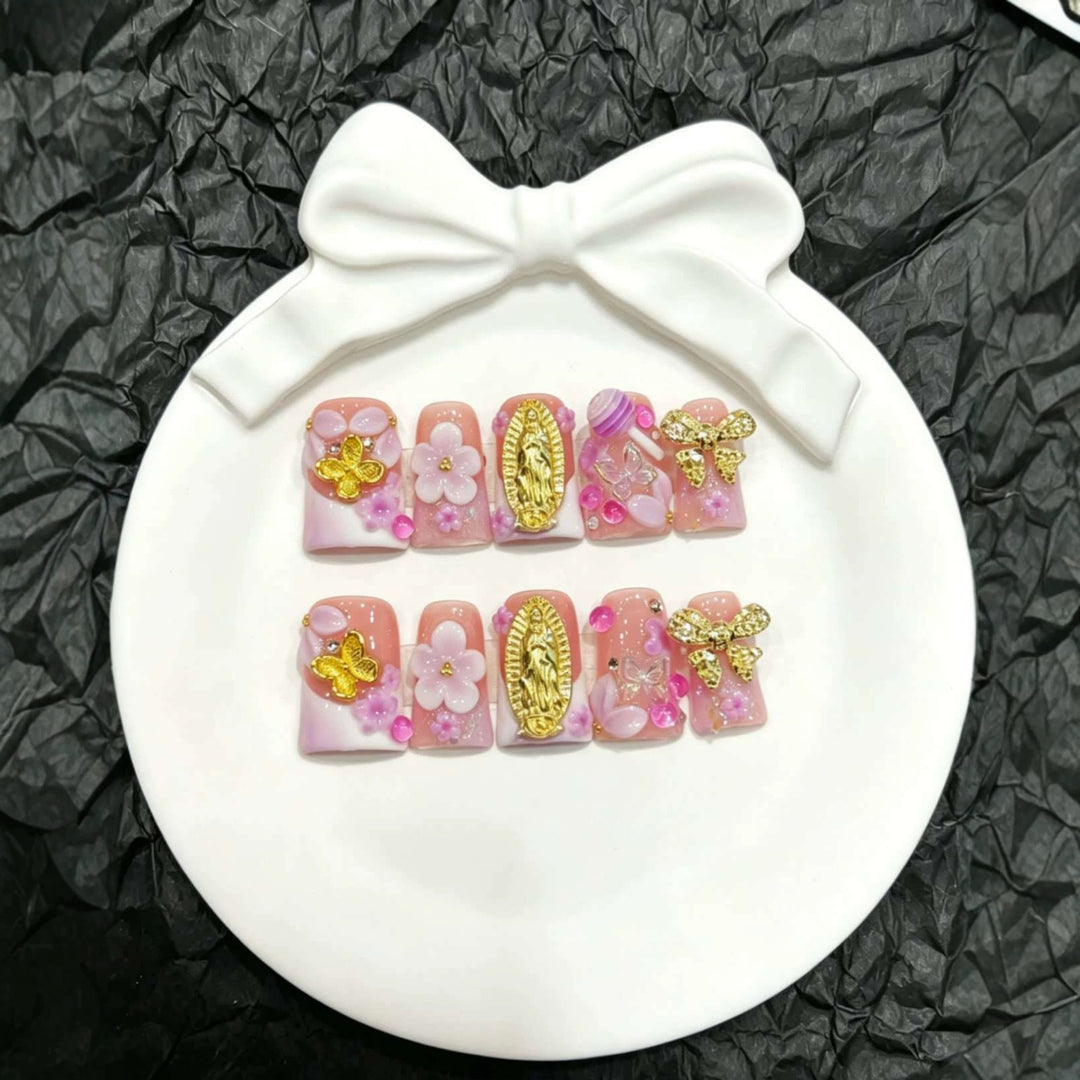 Decorative Press-On Nail Art Set with Floral and Butterfly Accents