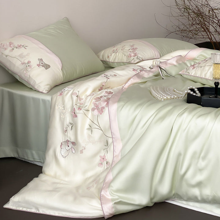 Luxe Satin-Feel Botanical Embroidered Duvet Cover Ensemble with Appliqué Bunnies & Ribbon-Tie Hem