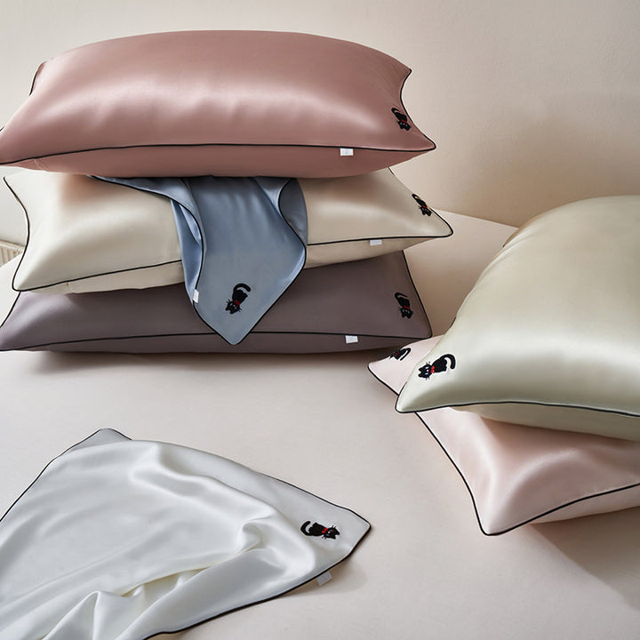 Silky Satin Pillowcase Pair with Contrasting Piping and Corner Cat Embroidery