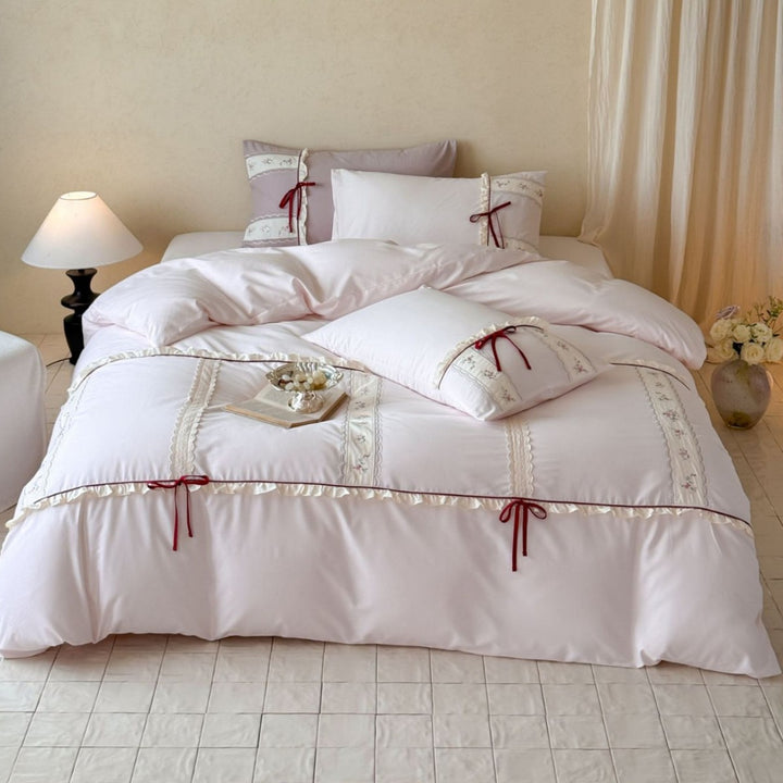 Embroidered Scalloped Lace Duvet Cover Bedding Set with Ruffle-Trim Decorative Pillow