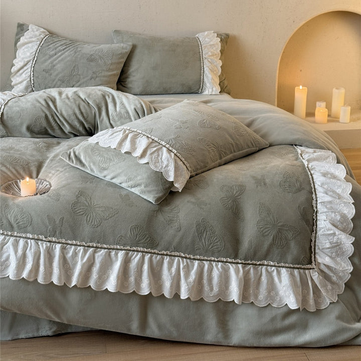 Embossed Butterfly Ruffled Comforter Duvet Cover Set