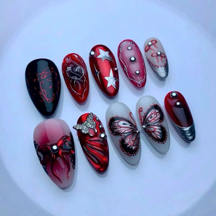 Artistic Press-On Nail Set with Butterfly and Star Details Stornfield