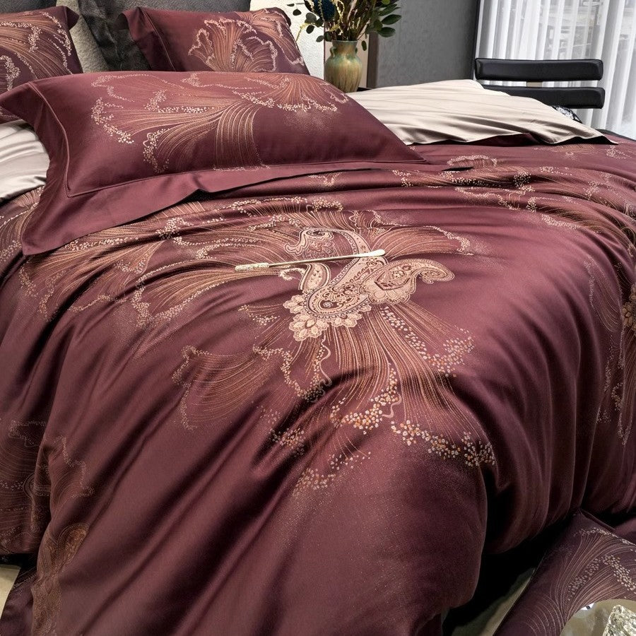 Silky Jacquard Floral-Embroidered Duvet Cover Ensemble with Reversible Sateen Back and Euro Shams