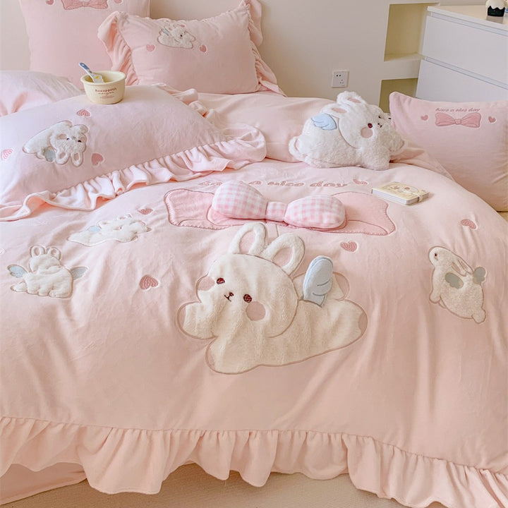 Ruffled Embroidered Bunny Appliqué Cotton Duvet Cover Set with Pillow Shams
