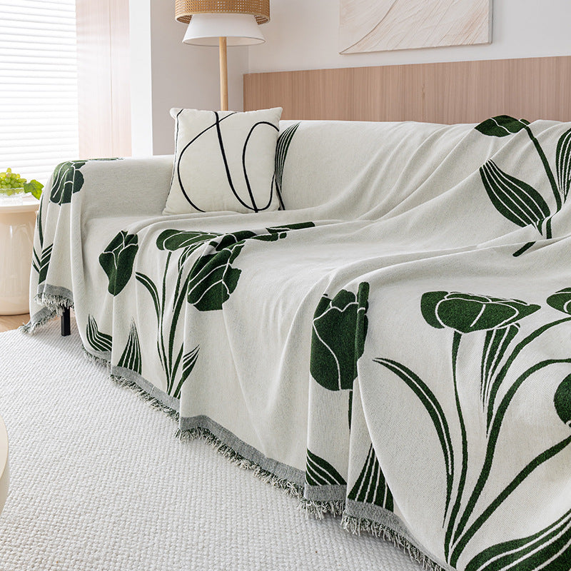 Floral Jacquard Fringed Sofa Throw Cover Cotton-Linen Blend