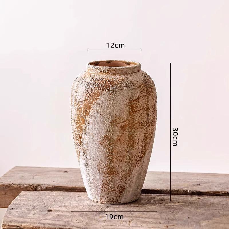 Rustic Textured Round Ceramic Bulb Vase with Narrow Opening
