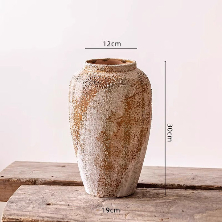 Rustic Textured Round Ceramic Bulb Vase with Narrow Opening
