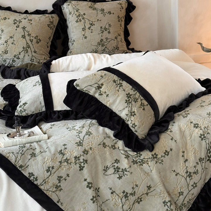 Quilted Floral Embroidered Duvet Cover Set with Velvet Ruffle Trim