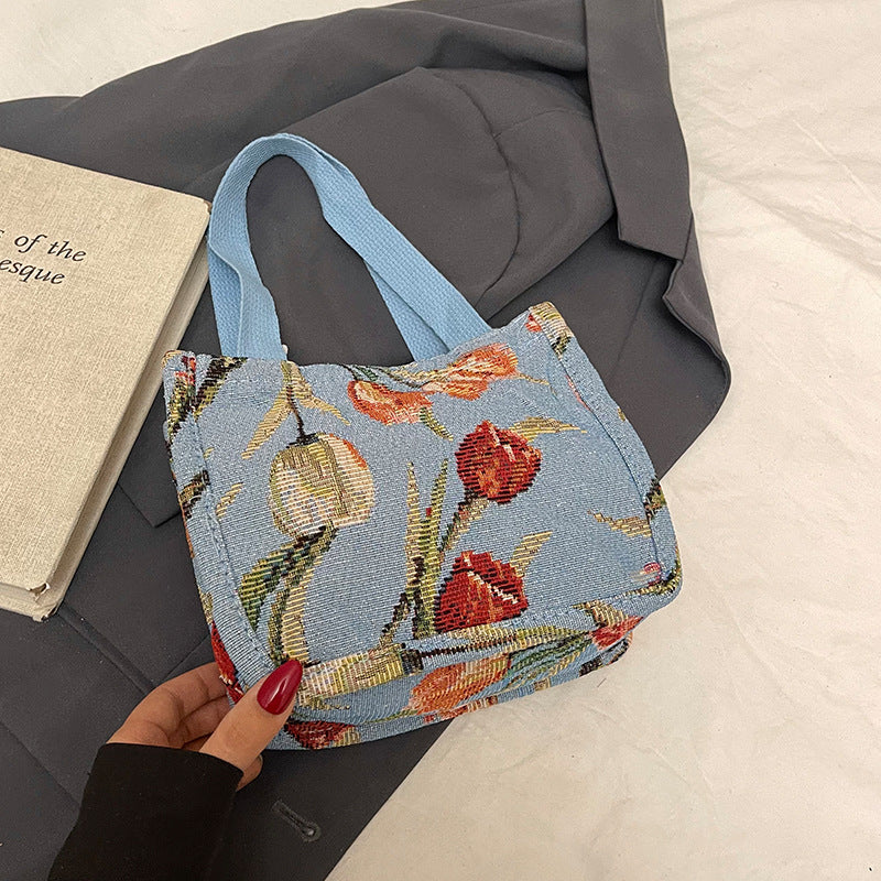 Floral Embroidered Shoulder Tote Bag