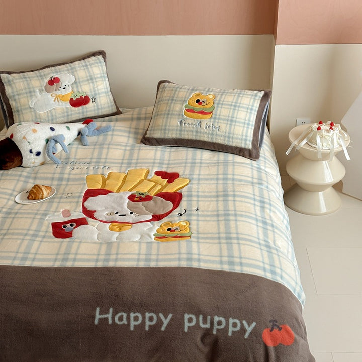 Cozy quilted bedspread with plush appliqués and matching pillowcases