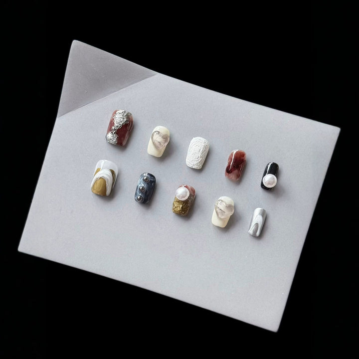 Artistic Press-On Nail Set with Unique Abstract Designs  1791774457