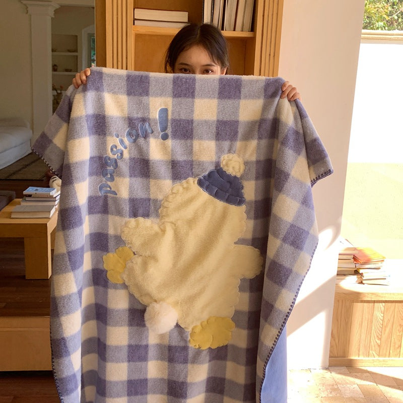Cuddle blanket with teddy applique and checkered fleece