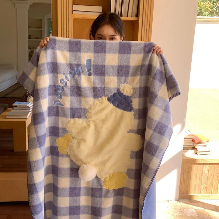 Cuddle blanket with teddy applique and checkered fleece