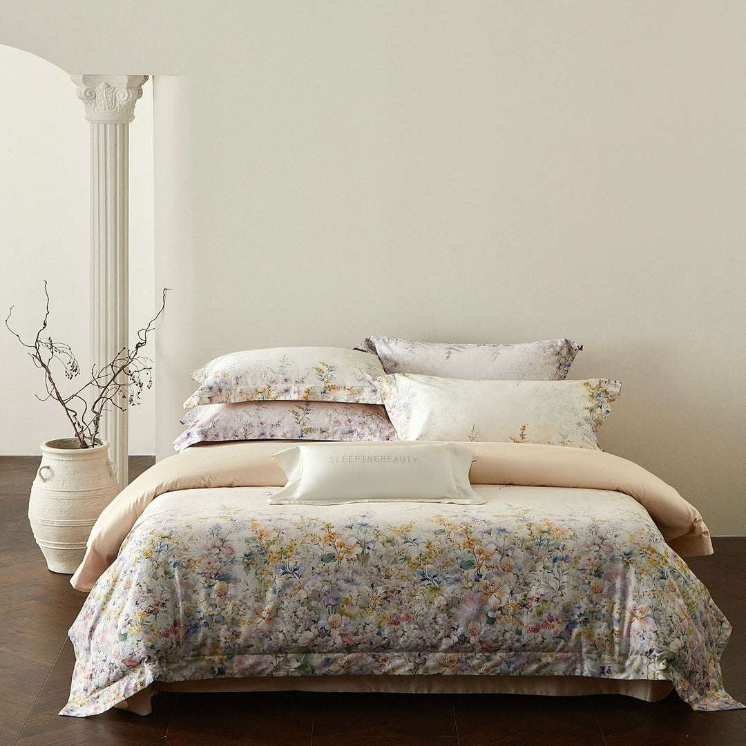 Luxury Floral Cotton Sateen Duvet Cover Set with Contrast Hem and Pillow Shams