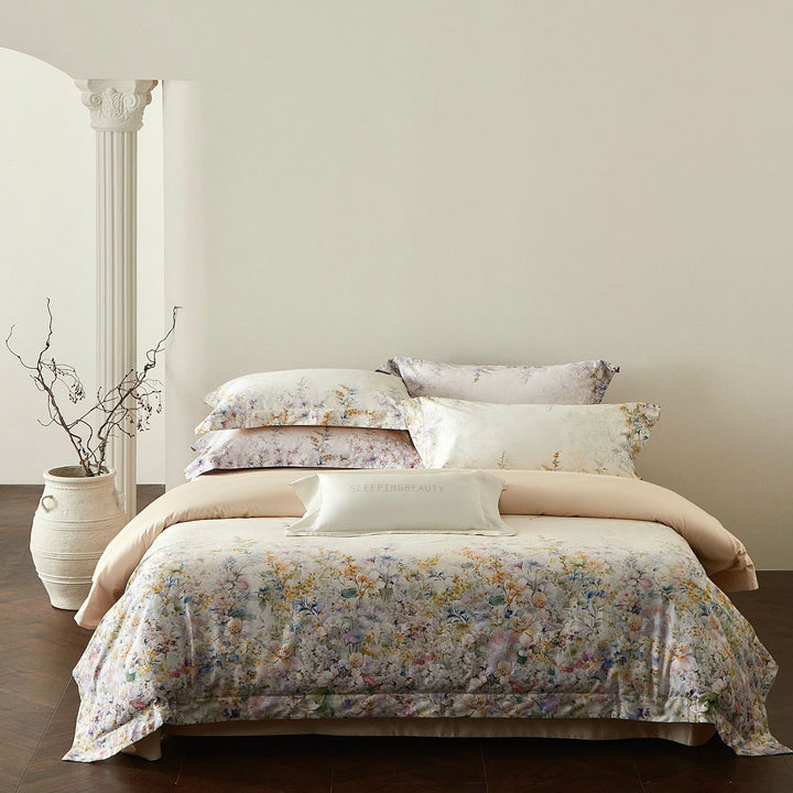 Luxury Floral Cotton Sateen Duvet Cover Set with Contrast Hem and Pillow Shams