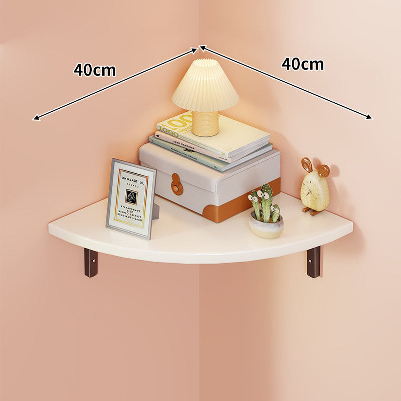 Corner Wall-Mounted Floating Shelf with Rounded Triangular Solid Wood Top and Metal Support Brackets