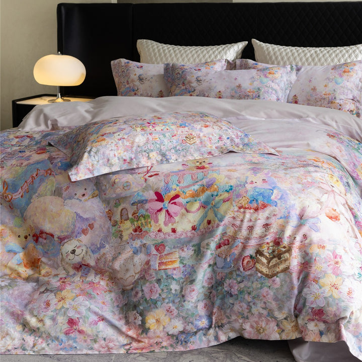 Watercolor Teddy Bear Floral Duvet Cover Set