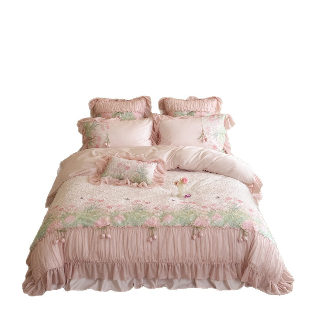 Plush Tufted Floral Duvet Cover Set with Ruffled Hem & Appliqué Accents