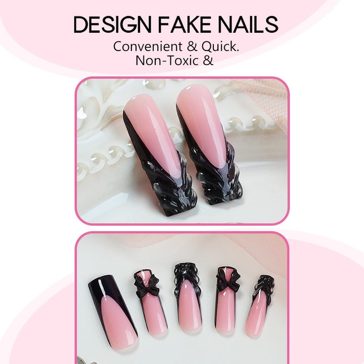 Artificial nail set with stylish black and pink designs Stornfield