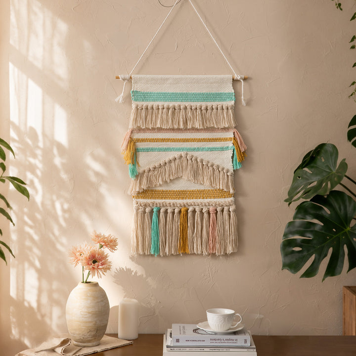 Boho Wall Hanging Macrame with Hand-Knotted Fringes and Woven Cable Patterns Stornfield